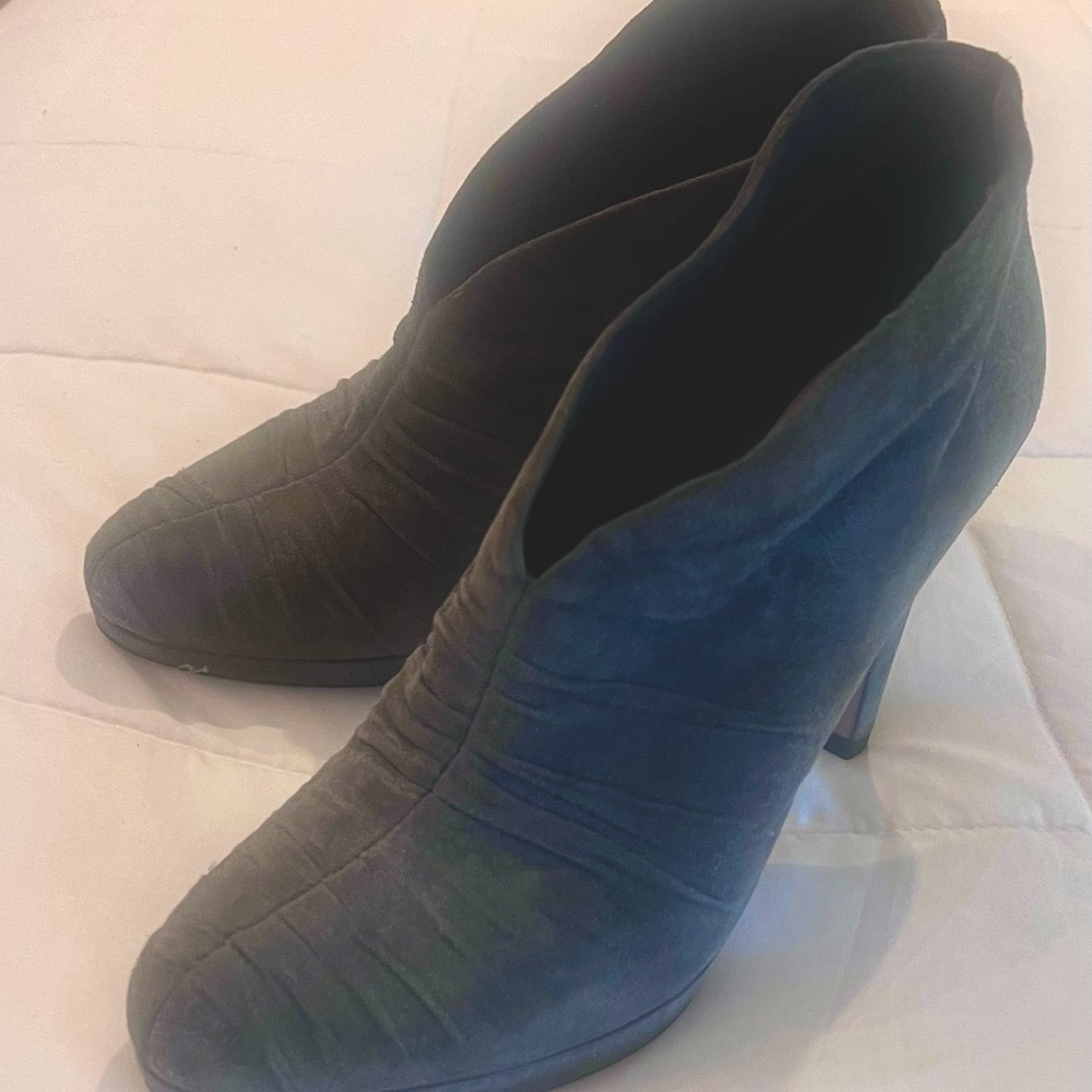 Prada Ruched Suede Bootie 39.0 Gently Worn - Platform 4.0 “ Heel - Dark Grey